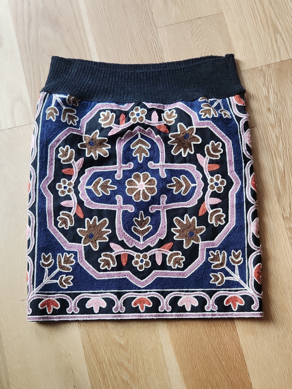 Zara Embroidered Mini Skirt — Navy, Black & Pink Accents